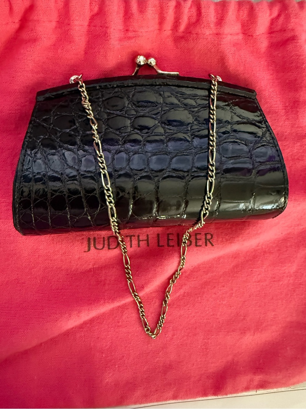 Judith Leiber Micro Black Croc-Embossed Chain Clutch